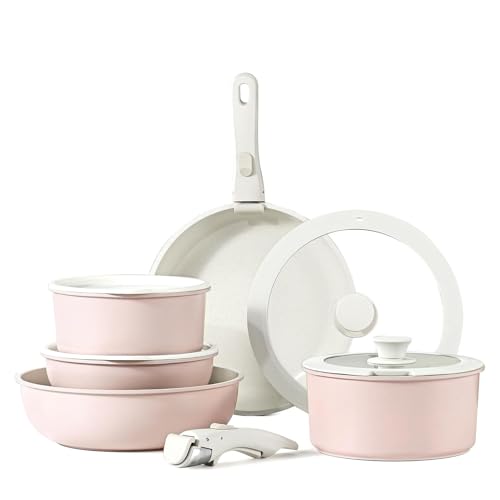 11-teiliges Antihaft Kochgeschirr-Set mit Abnehmbarem Griff: Stapelbar Topf- und Pfannenset für Induktion, Gasherde, Backofen und Spülmaschine, PFAS-frei (Rosa) von LIXQQS