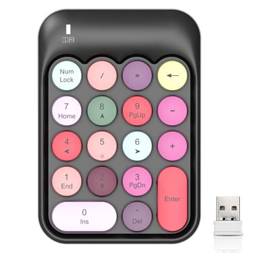 LIXSAZSE Drahtlose numerische Tastatur 18 Tasten Mini tragbare runde Tastenkappe 2,4 GHz Nummernblock mit Empfänger Tastaturen Laptop, Buntes Schwarz von LIXSAZSE