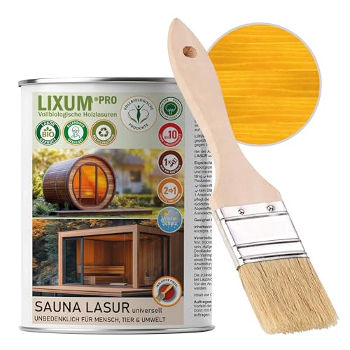 LIXUM PRO - SAUNA LASUR universell, Farbe:Gelb 0.10, Inhalt:1000 ml (ca.30m²), inkl. Zubehör:Pinsel von LIXUM
