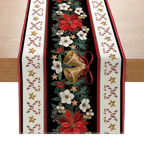 Weihnachtstischläufer, wiederverwendbar, rotes Leinen, Weihnachtstischläufer mit Glocken, Weihnachtsstern, Weihnachtsstangenmuster, Tischdekorationen für den Winterurlaub, Weihnachtsfeier, Dekoration von LIXUN