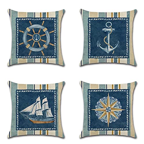 4er Set Dekorative Kissenbezüge 35x35cm Nautischer Anker Nautischer Kompass Zierkissenbezug Baumwoll und Leinen Quadratischer Unsichtbarem Reißverschluss Doppelseitiger Kissenhülle für Couch Outdoor 4er Set Dekorative Kissenbezüge 35x35cm Nautischer Anker Nautischer Kompass Zierkissenbezug Baumwoll und Leinen Quadratischer Unsichtbarem Reißverschluss Doppelseitiger Kissenhülle für Couch Outdoor von クロスフィールド(Crossfield)