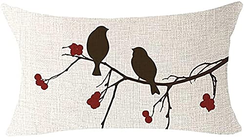 Kissenhülle 30x50cm Baumwoll und Leinen Kleine Vogel rote Blumen B826 Quadratisch Dekokissen mit Unsichtbarem Reißverschluss Doppelseitig Kissenbezug für Sofa Home Zuhause Dekor,1 Stück von LIYG