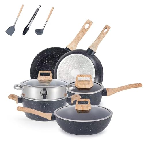 12 Teiliges Topfset Induktion Kochset: Kochgeschirrset aus Medizinischem Stein mit Deckel Antihaft Ideal für Kochen Braten und Backen (Schwarz) von LIYGAOF