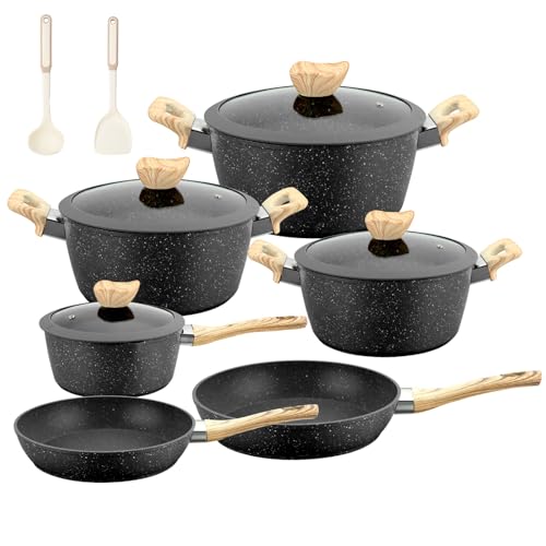 Kitchen Topfset Induktion Kochtopf Set: 12 Teilige Granit Antihaft Topfset und Pfannen Set PFOA und PFOS Freie Perfekt für Anfänger und Profiköche (Schwarz) von LIYGAOF