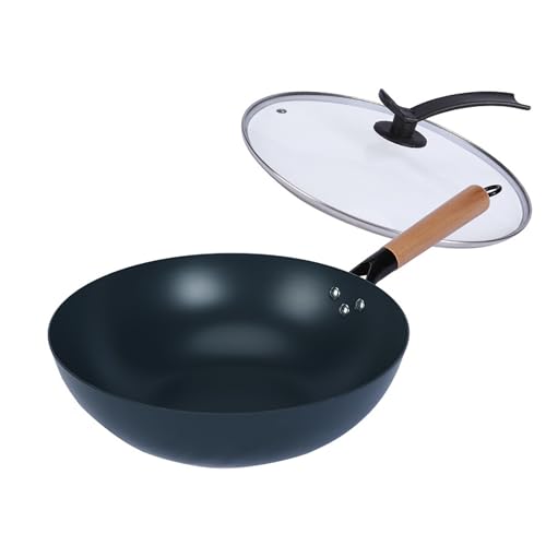 LIYGAOF 32cm Bratpfanne Wok mit Deckel Eisenpfanne: Massivholzgriff Induktionsgeeignet Geschmiedet Eisenpfanne mit Glasabdeckung für Hobbyköche und Profis (32cm) von LIYGAOF