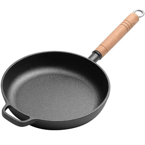 LIYGAOF Gusseisen Pfanne 25cm Bratpfanne Grillpfanne: Ohne Beschichtung Induktion Pfanne Griff aus Massivholz Lange Lebensdauer für Alle Herdarten Geeignet (25cm) von LIYGAOF