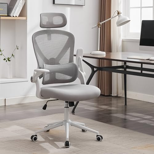 LIYURUI Bürostuhl Ergonomisch 150KG Schreibtischstuhl mit Verstellbarer Kopfstütze Lendenwirbelstütze, Drehstuhl Wippfunktion Chefsessel aus Mesh,Rückenschonend mit flip-up Armlehnen von LIYURUI