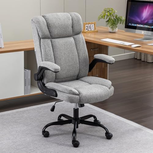 LIYURUI Bürostuhl Ergonomischer 150KG Belastbarkeit Chefsessel Stoff Flip-up Armlehnen/110° Schaukeln Chefsessel mit Hoher Rückenlehne und Breitem Sitz Schreibtischstuhl, Grau von LIYURUI