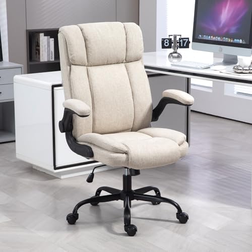 LIYURUI Bürostuhl Ergonomischer Computerstuhl 150KG Belastbarkeit Chefsessel Stoff Flip-up Armlehnen/110° Wippfunktion Chefsessel mit Hoher Rückenlehne und Breitem Sitz Schreibtischstuhl, Beige von LIYURUI