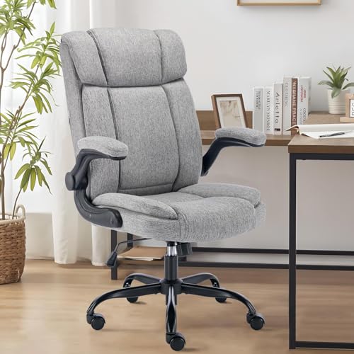 LIYURUI Bürostuhl Ergonomischer Computerstuhl 150KG Belastbarkeit Chefsessel Stoff Flip-up Armlehnen/110° Wippfunktion Chefsessel mit Hoher Rückenlehne und Breitem Sitz Schreibtischstuhl Grau von LIYURUI