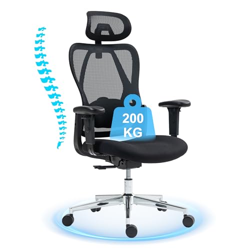 LIYURUI Bürostuhl Ergonomischer Schreibtischstuhl 200KG Belastbar, Drehstuhl hat Verstellbarer Lordosenstütze, Kopfstütze und Breitere Armlehnen, Höhenverstellung, Rückenschonend, 135° Liegefunktion von LIYURUI