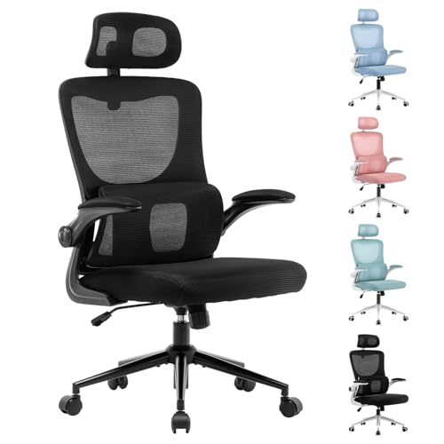 LIYURUI Ergonomischer Bürostuhl, Verstellbarer Schreibtischstuhl mit Kopfstütze/selbstadaptiver Lordosenstütze/gepolsterter hochklappbarer Armlehne, atmungsaktiv 125°Schaukeln 360°Drehstuhl, schwarz von LIYURUI