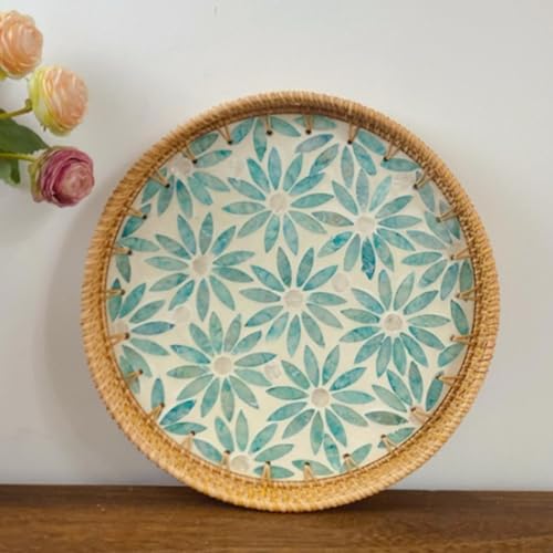 LIZEALUCKY Rattan gewebte Servierschale Dekorative Obst Dessert Snackplatte für Wohnzimmer Couchtisch (Grüne Blume) von LIZEALUCKY