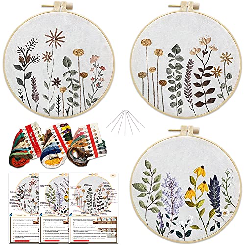 LIZHOUMIL 3 Stück Anfänger Stickerei Set, Stickerei Kreuzstich Kits mit Muster und Anleitung, 3 Stück Stickrahmen, Stickgarn Schere für DIY Kunst, Handwerk, Nähen von LIZHOUMIL