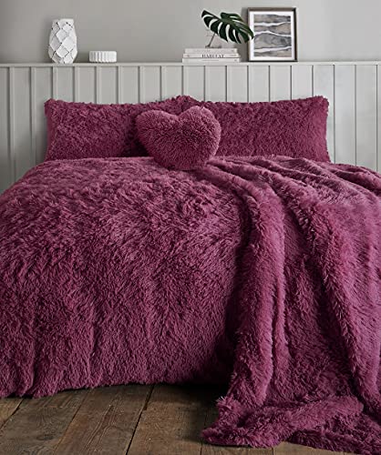 LIZZIE JACOBS Cuddles Flauschiges Fell-Fleece-Bettbezug-Set, super weich, warm, gemütlich, kuschelig, langflorig, Fleece, Bettbezug-Sets, wendbar, Bettwäsche-Sets (Einzelbett, Pflaume) von LIZZIE JACOBS