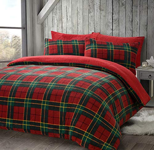 LJ Luxuriöses Bettbezug-Set, kariert, Teddy-Fleece, superweich, warm, gemütlich, Sherpa-Fleece, Bettbezug-Sets (rot, Einzelbettgröße) von LJ
