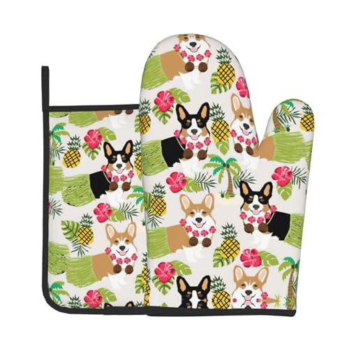 Corgi Ofenhandschuhe und Topflappen, Set mit hawaiianischen tropischen Sommer-Ananas-Motiv, für Ofen und Grill, ideales Geschenk für Köche von LJABCVNN