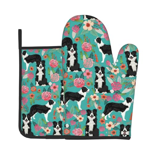 Ofenhandschuhe und Topflappen-Set mit Border Collie Blumendruck, für Ofen und Grill, ideales Geschenk für Köche von LJABCVNN