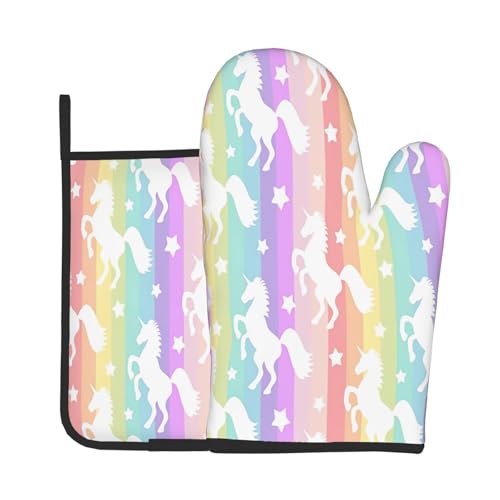 Ofenhandschuhe und Topflappen-Set mit Einhörnern auf bunten Streifen für Ofen und Grill, ideales Geschenk für Köche von LJABCVNN
