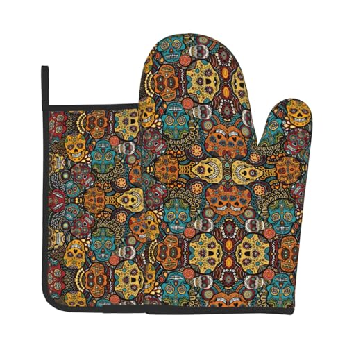 Ofenhandschuhe und Topflappen-Set mit bunten Totenköpfen für Ofen und Grill, ideales Geschenk für Köche von LJABCVNN
