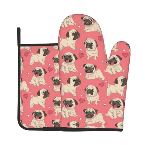Ofenhandschuhe und Topflappen-Set mit lustigem Mops-Motiv, für Ofen und Grill, ideales Geschenk für Köche von LJABCVNN