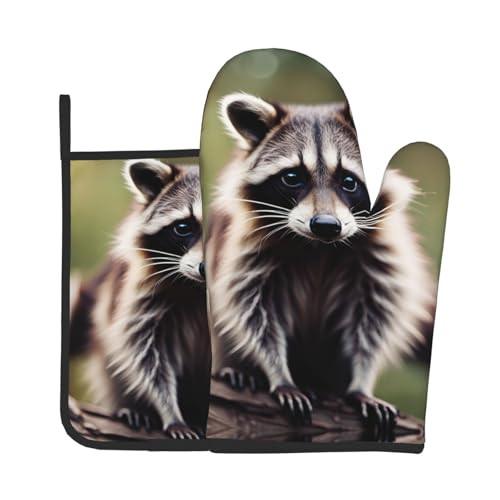 Ofenhandschuhe und Topflappen-Set mit niedlichem Waschbär-Druck, ideales Geschenk für Köche von LJABCVNN