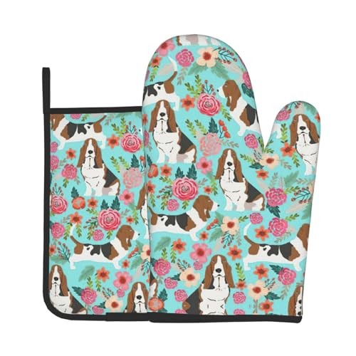 Ofenhandschuhe und Topflappen-Set mit süßem Basset Hound Blumendruck, ideales Geschenk für Köche Ofenhandschuhe und Topflappen-Set mit süßem Basset Hound Blumendruck, ideales Geschenk für Köche von LJABCVNN