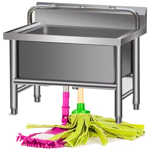 Kommerzielles Bodenwischbecken mit tiefem Becken, Edelstahl-Wischbecken mit einzelnem Kaltwasserhahn und Edelstahl-Abtropffläche für Waschraum und Badezimmer,Lowshelf-80 * 50 * 55cm von LJCSSD