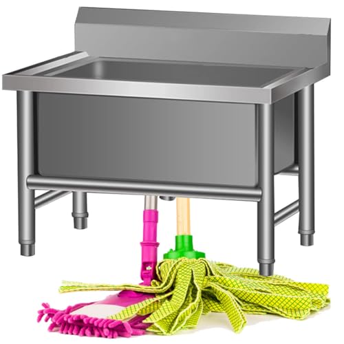 Kommerzielles Bodenwischbecken mit tiefem Becken, Edelstahl-Wischbecken mit einzelnem Kaltwasserhahn und Edelstahl-Abtropffläche für Waschraum und Badezimmer,Noshelf-80 * 50 * 55cm von LJCSSD