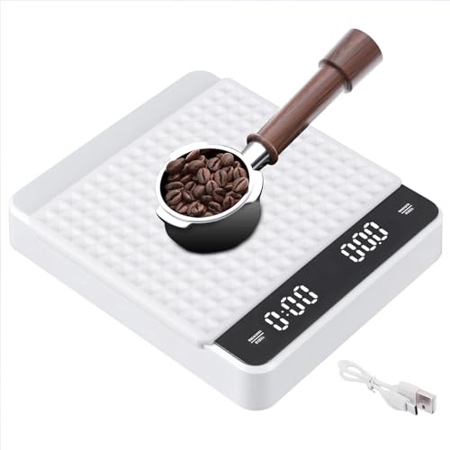 LJEC Kaffeewaage mit Timer, 3kg/0,1g Hochpräzise Espressowaage mit digitaler LED, wiederaufladbare Küchenwaage für Espresso und Pour-Over Kaffee, Touch-Sensor und Silikonabdeckung (Weiß) von LJEC