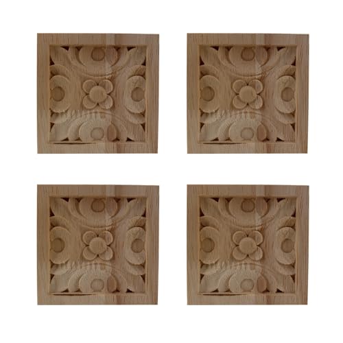 LJFMDLN 4er-Pack Holzgeschnitzte Applikationen, quadratischer dekorativer Möbelaufkleber, Blumenmuster, Holzapplikationen, Onlay for Schranktür, Spiegel, Bett, Wand (Size : 10cm/3.9inch) von LJFMDLN