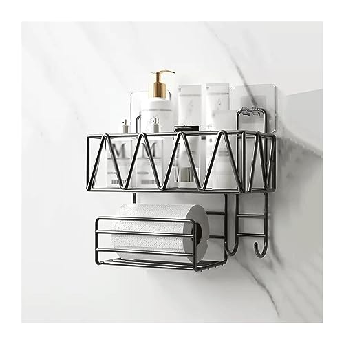 LJHFG63KUYT Halterung WC-Wandregal, Waschtisch, Doppellagiges Kosmetikregal mit Taschentuchhalter und Haken, Wandmontage, Metallregal ohne Stanzen für Küche(Schwarz) von LJHFG63KUYT