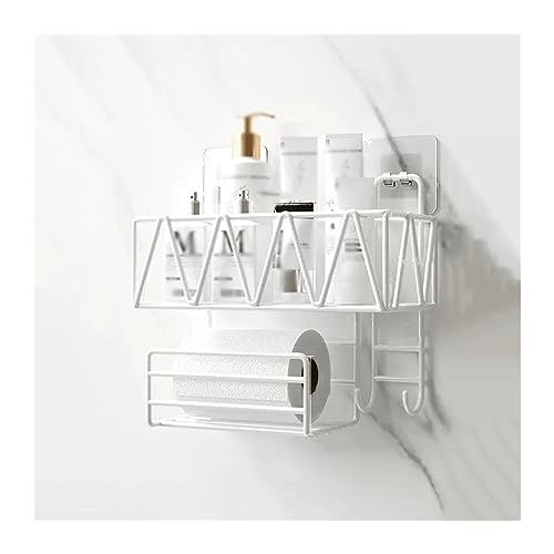 LJHFG63KUYT Halterung WC-Wandregal, Waschtisch, Doppellagiges Kosmetikregal mit Taschentuchhalter und Haken, Wandmontage, Metallregal ohne Stanzen für Küche(Weiß) von LJHFG63KUYT