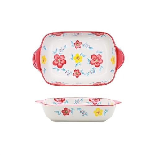 LJHFG63KUYT Lasagneform Käse gebackener Reis Backform Keramik rechteckig handbemalte Blumen Home Mikrowelle spezielle Backform Backschale Stapelbares(Red) von LJHFG63KUYT