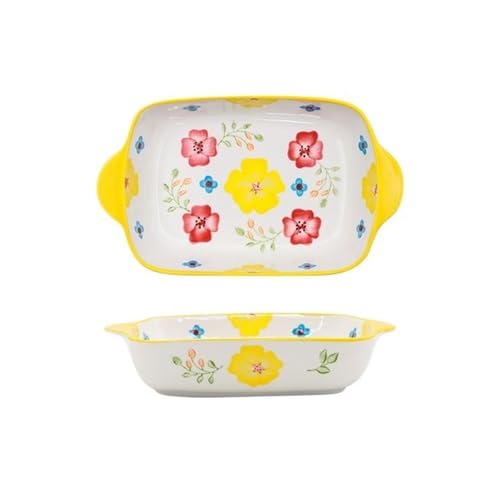 LJHFG63KUYT Lasagneform Käse gebackener Reis Backform Keramik rechteckig handbemalte Blumen Home Mikrowelle spezielle Backform Backschale Stapelbares(Yellow) von LJHFG63KUYT