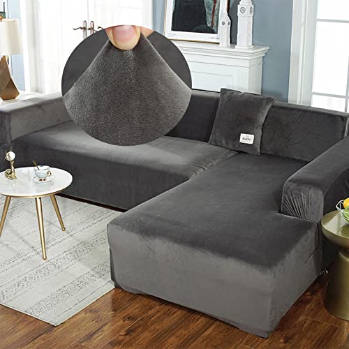 LJQAIZYL Samt Sofabezug Ecksofa L Form Couchbezug,Elastische Lounge-Sessel Sofaüberzug Stretch Couch überzug U Form Sofahusse Waschbare Katzen Hunden Möbelschutz,GrayA-2seats:145-185cm von LJQAIZYL