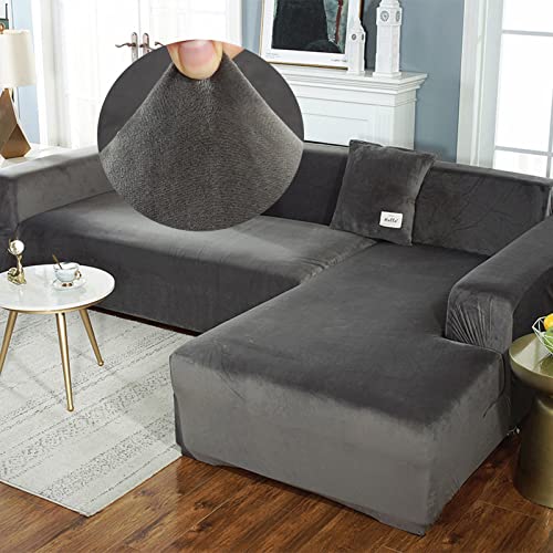 LJQAIZYL Samt Sofabezug Ecksofa L Form Couchbezug,Elastische Lounge-Sessel Sofaüberzug Stretch Couch überzug U Form Sofahusse Waschbare Katzen Hunden Möbelschutz,GrayA-4seats:235-300cm von LJQAIZYL