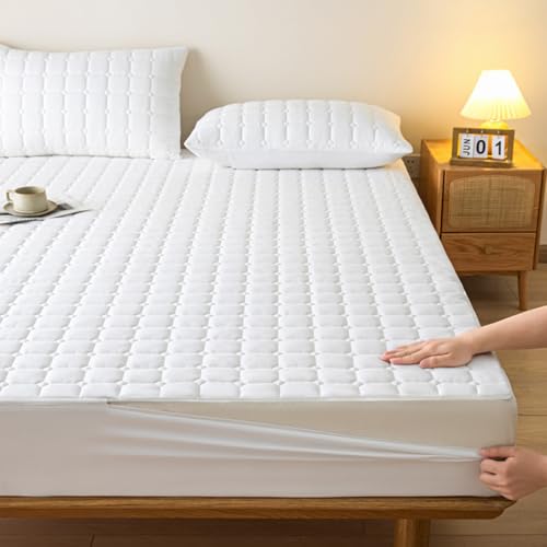 Matratzenschoner mit Reißverschluss Matratzenüberzug Grau Weiche 90x190/200 Anpassbare Matratzenüberzug Matratzenauflage Encasing Gesteppt Waschbarer Spannbettlaken Matratzentopper(180x200+25cm,White) von LJQAIZYL