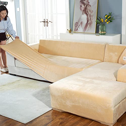 Sofa Schonbezug U Form Ecksofa Couch Bezug ,Dickere Samt Sofabezug L Form Links Rechts,2er Set Chaiselongue Sofa überzug für Wohnzimmer, Sofa Überwürfe für Hunde Haustiere,Beige-2seats:145-185cm von LJQAIZYL