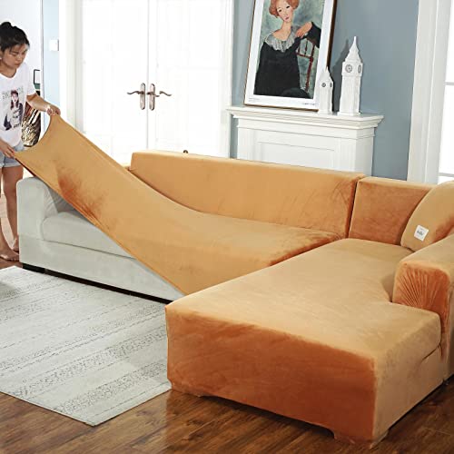 Sofa Schonbezug U Form Ecksofa Couch Bezug ,Dickere Samt Sofabezug L Form Links Rechts,2er Set Chaiselongue Sofa überzug für Wohnzimmer, Sofa Überwürfe für Hunde Haustiere,Orange-2seats+3seats von LJQAIZYL