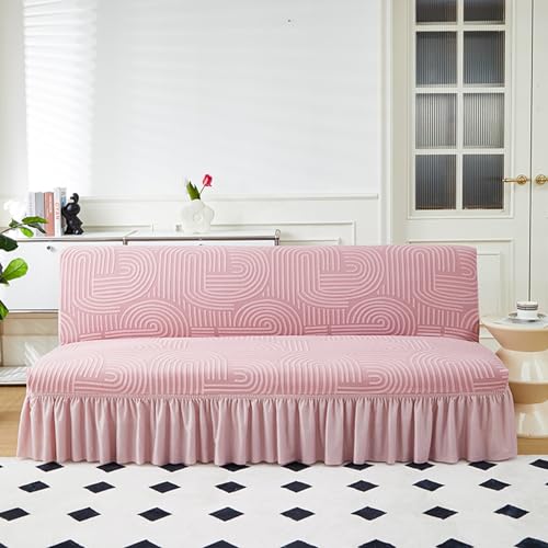 Sofabezug Ohne Armlehnen Stretch Sofabezug 3 Sitzer Ohne Armlehne Grau Jacquard Bettcouch Schonbezug Schutzhülle Rutschfest Futonbezug Faltbar Schlafsofa Sofabettüberzug mit Rock (190-210cm,Pink) von LJQAIZYL
