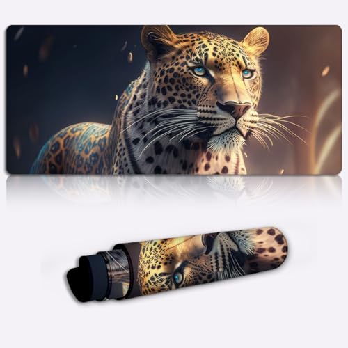 Mauspad Leopard Classic Cara XXL – Gaming Mauspad (90 x 40 x 0,3) cm, erweiterte große Matte, Schreibtischunterlage, fransenfrei, genähte Kanten, Laptop, Arbeit, Gaming, Büro, Zuhause von LJSPTU