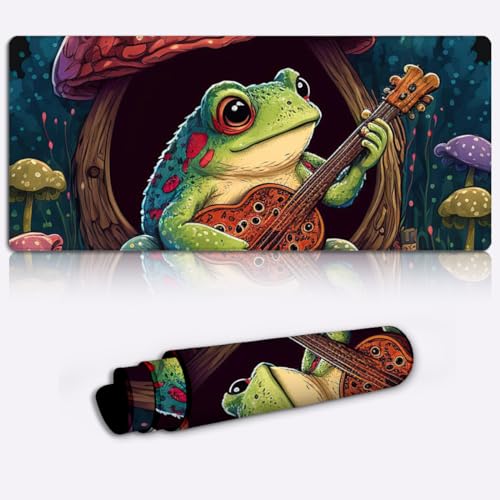 Tastaturmatte, Schreibtischunterlage, Frosch spielt Banjo, verlängert (60 x 35 x 0,3 cm), großes Mauspad, großes Gaming Mauspad mit genähten Kanten für Gaming, Büro, Zuhause von LJSPTU