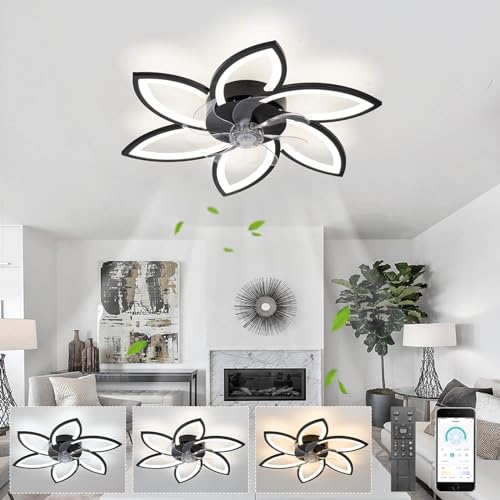 78cm Deckenlampe Led Ventilator Leise DC Deckenleuchte mit Ventilator Moderne Timer Dimmbar Winter Sommer Blumen Deckenventilator mit Beleuchtung für Wohnzimmer Schlafzimme, Schwarz von LJX