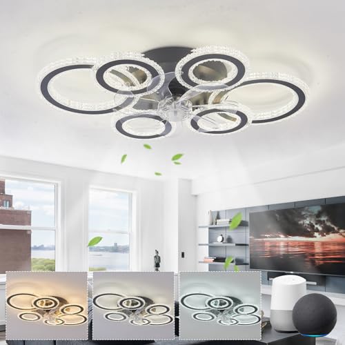 LJX 108W Deckenleuchte mit Ventilator Kompatibel mit Alexa und Google Assistant 76cm Kristall Ring Deckenventilator mit Beleuchtung Leise Reversibel Dimmbar für Schlafzimmer Wohnzimmer, Schwarz von LJX
