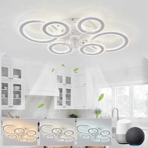 LJX 108W Deckenleuchte mit Ventilator Kompatibel mit Alexa und Google Assistant 76cm Kristall Ring Deckenventilator mit Beleuchtung Leise Reversibel Dimmbar für Schlafzimmer Wohnzimmer, Weiß von LJX