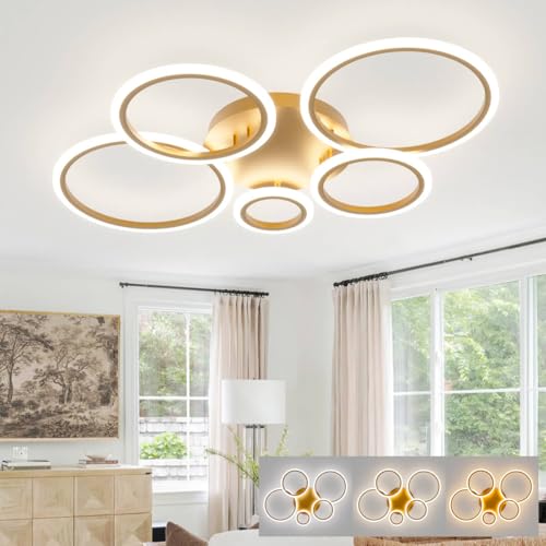 LJX Deckenlampe LED Design, Gold 5 Ring Deckenleuchte mit Fernbedienung, 100cm Dimmbar Wohnzimmerlampe für Schlafzimmer Wohnzimmer Küche von LJX