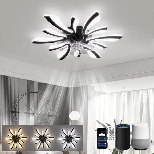 LJX Deckenleuchte mit Ventilator Kompatibel mit Alexa und Google Assistant Dc 78cm Deckenlampe mit Ventilator Leise Timer Winter/Sommer Dimmbare Memoryfunktion für Schlafzimmer Küchen, Schwarz von LJX