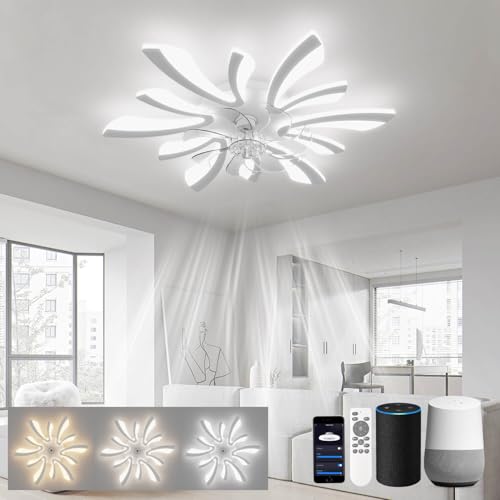 LJX Deckenleuchte mit Ventilator Kompatibel mit Alexa und Google Assistant Dc 78cm Deckenlampe mit Ventilator Leise Timer Winter/Sommerbetrieb Dimmbare Memoryfunktion für Schlafzimmer Küchen, Weiß von LJX