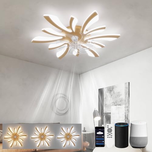 LJX Deckenleuchte mit Ventilator Kompatibel mit Alexa und Google Assistant Dc 78cm Deckenlampe mit Ventilator Leise Timer Winter/Sommerbetrieb Dimmbare Memoryfunktion für Schlafzimmer Küchen,Gold von LJX